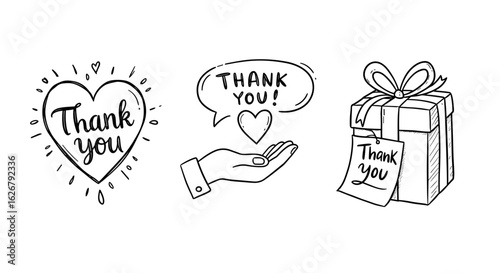 Thank You doodle icons with heart, hand, and gift box design  