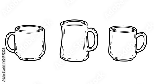 Outline set of 3 cups in black and white doodle style  