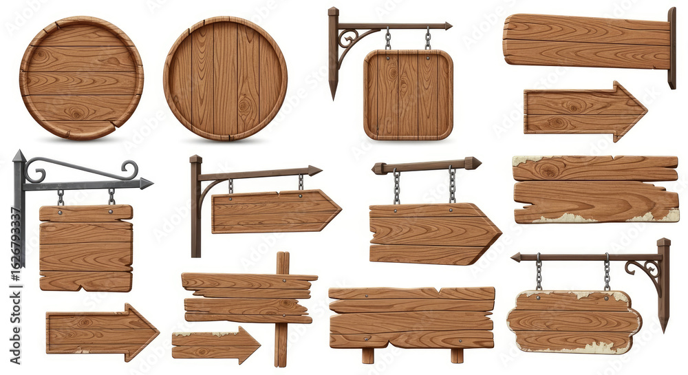 Naklejka premium Collection of rustic wooden signs, various shapes and styles, isolated on white background.
