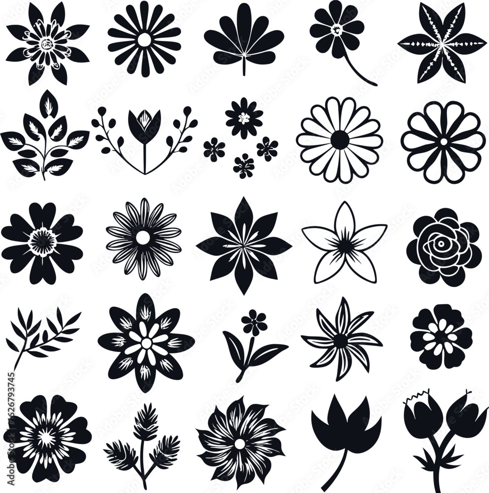 Fototapeta premium Collection of floral silhouettes isolated on white background