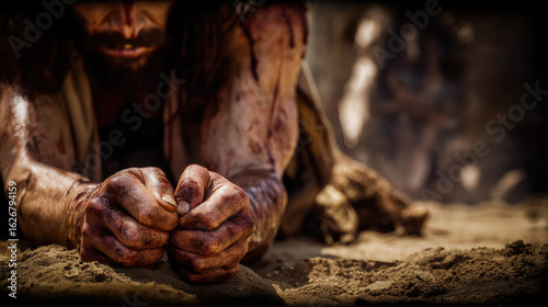 Beside the cross, Jesus’ sweat-drenched body hangs with curled hands; nails glint in light. A woman faints into John’s arms nearby. Dust below holds footprints and fallen tears..
