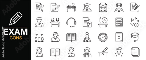 Collection of educational icons including classroom, exam, and graduation symbols