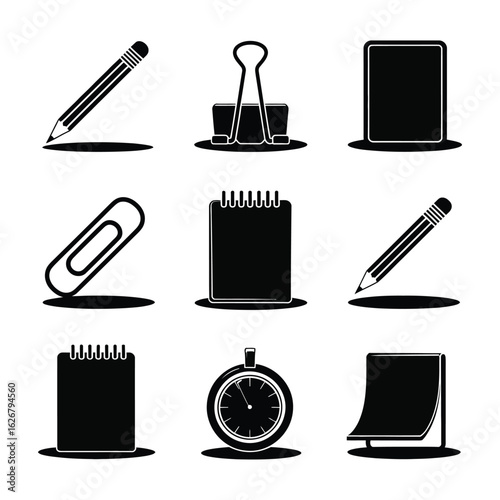 9 black fill vector illustration of office stationery