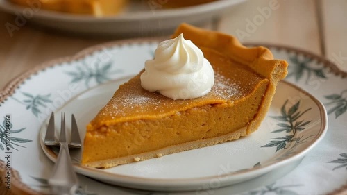 Classic pumpkin pie topped with whipped cream and served