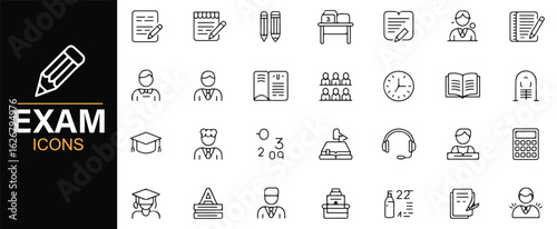 Collection of black and white educational icons for exams and learning