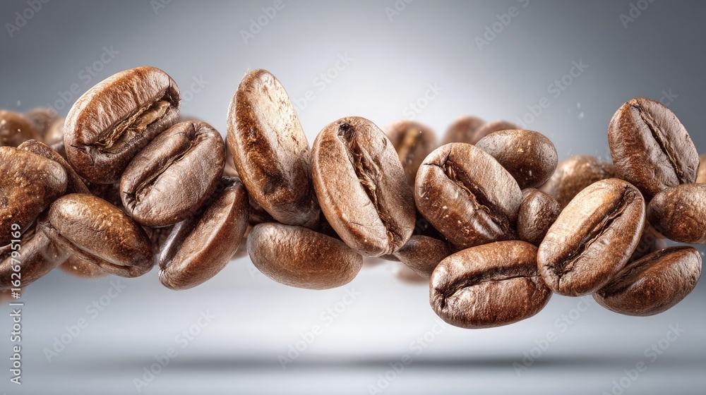 Obraz premium Roasted coffee beans levitate in mid-air, a smooth, light-gray backdrop accentuates the brown beans