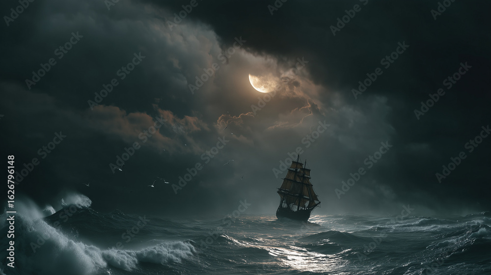 Fototapeta premium Ghost ship sailing across stormy Halloween night