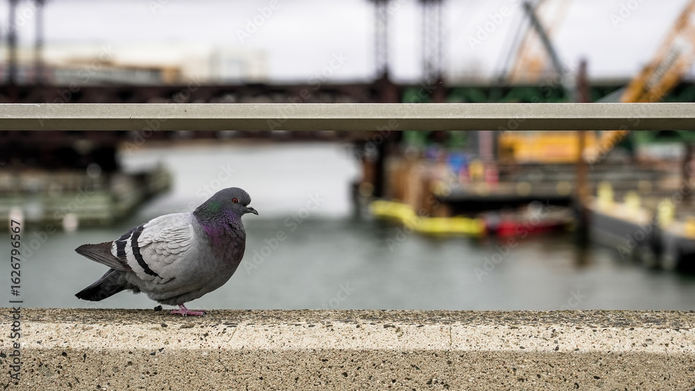 Obraz premium Pigeon perched on railing overlooking urban waterfront with distant bridge