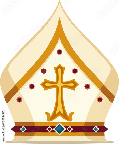 Elegant Bishop Mitre Vector with Gold Cross and Gemstone Details – Flat Religious Headwear Illustration