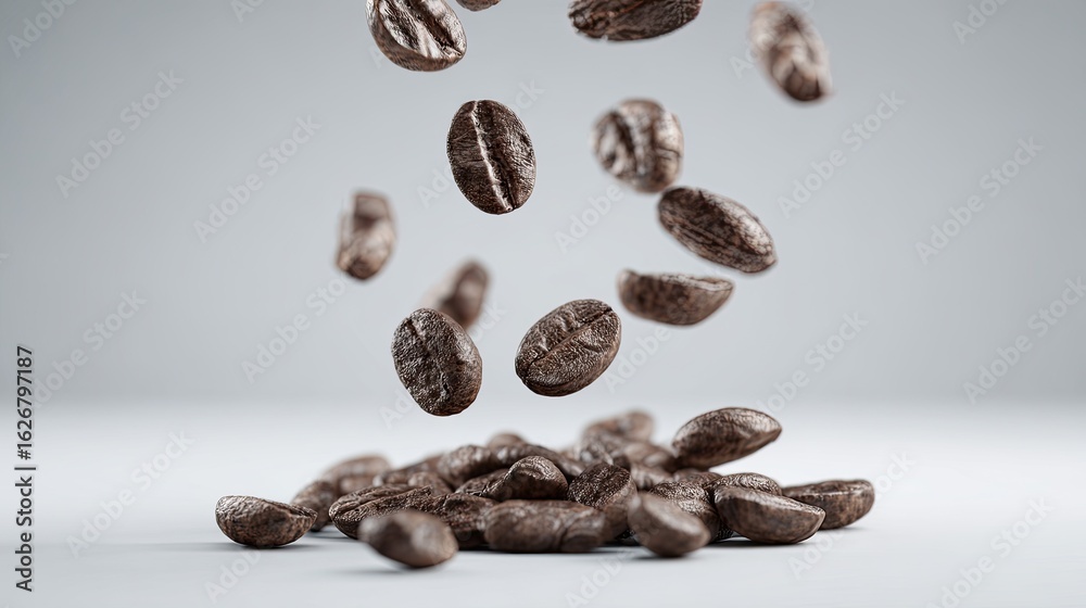 Fototapeta premium Coffee beans falling in mid-air, a pile below. A still life of roasted coffee beans in motion