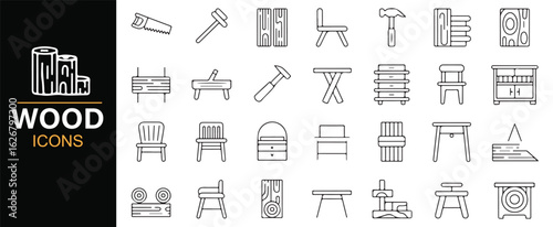 Woodwork and furniture-related icon set for construction and home decor