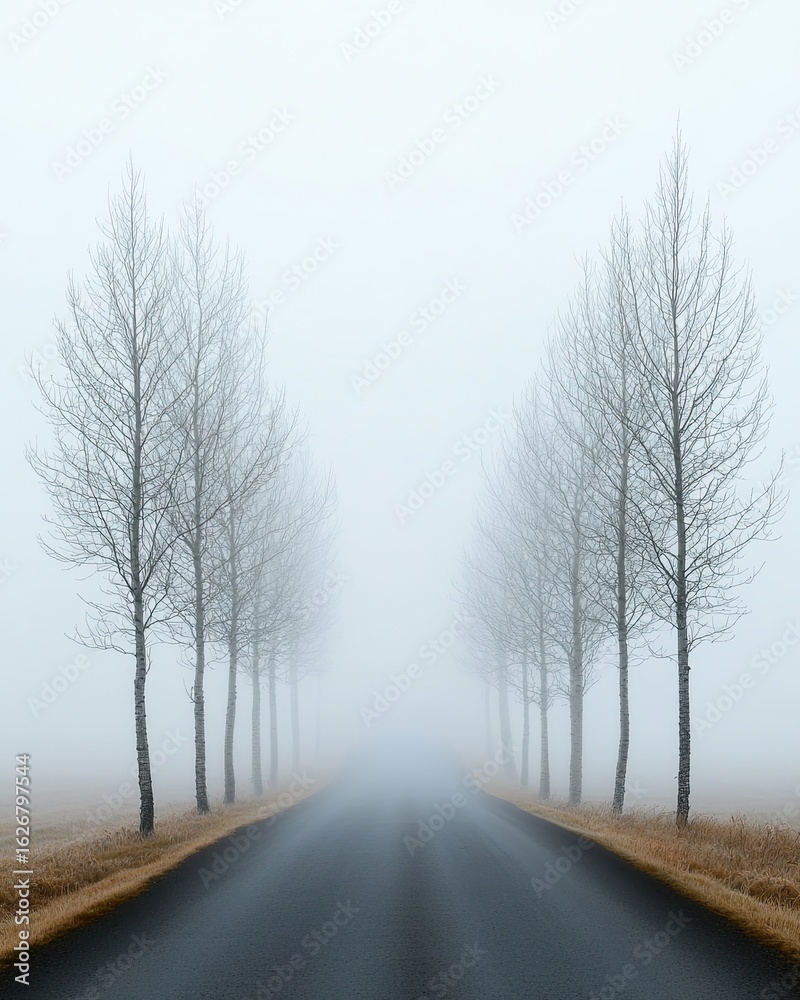Foggy Pathway with Bare Trees and Mysterious Atmosphere Foggy Pathway with Bare Trees and Mysterious Atmosphere
