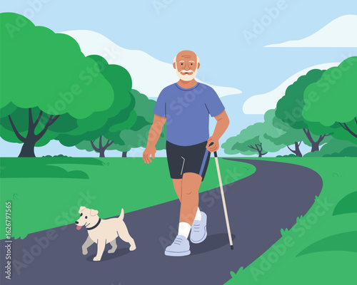 A flat vector illustration of an elderly man and his pet dog walking on a path in a summer park