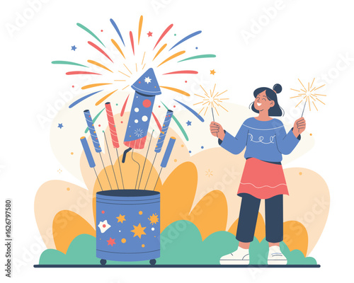 A flat vector illustration of a joyful woman celebrating with fireworks and sparklers