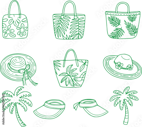Tropical beach accessories and palm trees beach bags sun hats