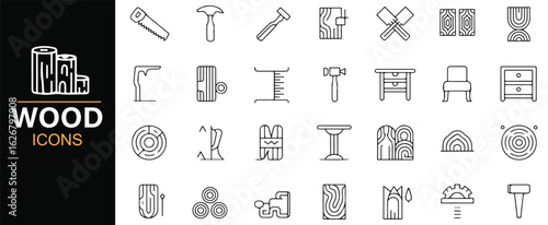 Icon set featuring various woodworking tools and furniture in black and white