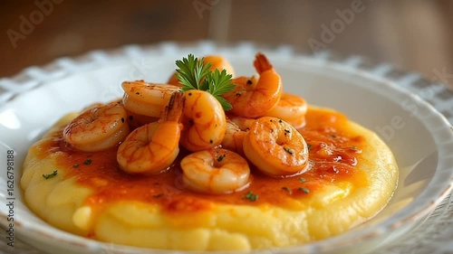 Savory shrimp and creamy grits plated with a buttery sauce