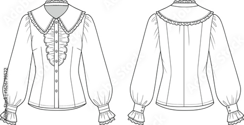 Ruffle button-up blouse CAD drawing, fashion flat sketch with peter pan collar and gathered cuffs, women’s shirt technical vector illustration for pattern makers
