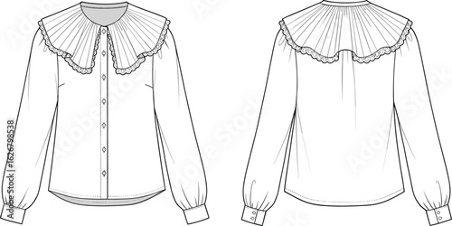 Women pleated collar blouse, lace trim shirt design, fashion CAD flat sketch, technical vector illustration, long sleeve top template, vintage-inspired clothing layout