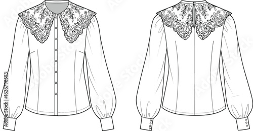 Women blouse with lace collar, button-down fashion top flat sketch, long sleeve shirt CAD drawing, vintage clothing template, vector technical illustration design