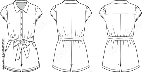 Stylish women's romper fashion flat, short sleeve jumpsuit with belt, technical CAD sketch, front and back view, vector design