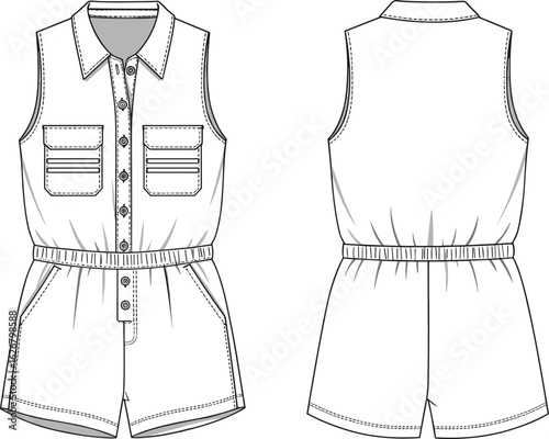 Sleeveless women’s romper technical flat sketch with front patch pockets, elastic waistband, detailed vector CAD drawing for fashion design