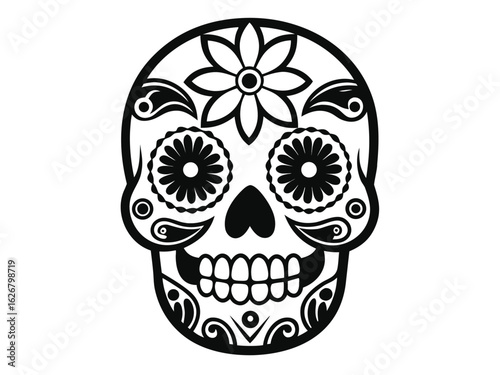 Halloween sugar skull with flower ornament decorative black line art illustration coloring page for adults