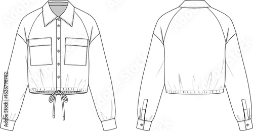 Women’s cropped utility shirt flat sketch with patch pockets, collar, drawstring hem, and long sleeves – CAD vector fashion illustration front and back