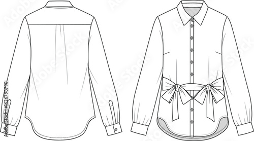 Women’s button-up blouse flat sketch with bow tie waist, long sleeves, shirt collar, and curved hem – CAD fashion vector front and back view