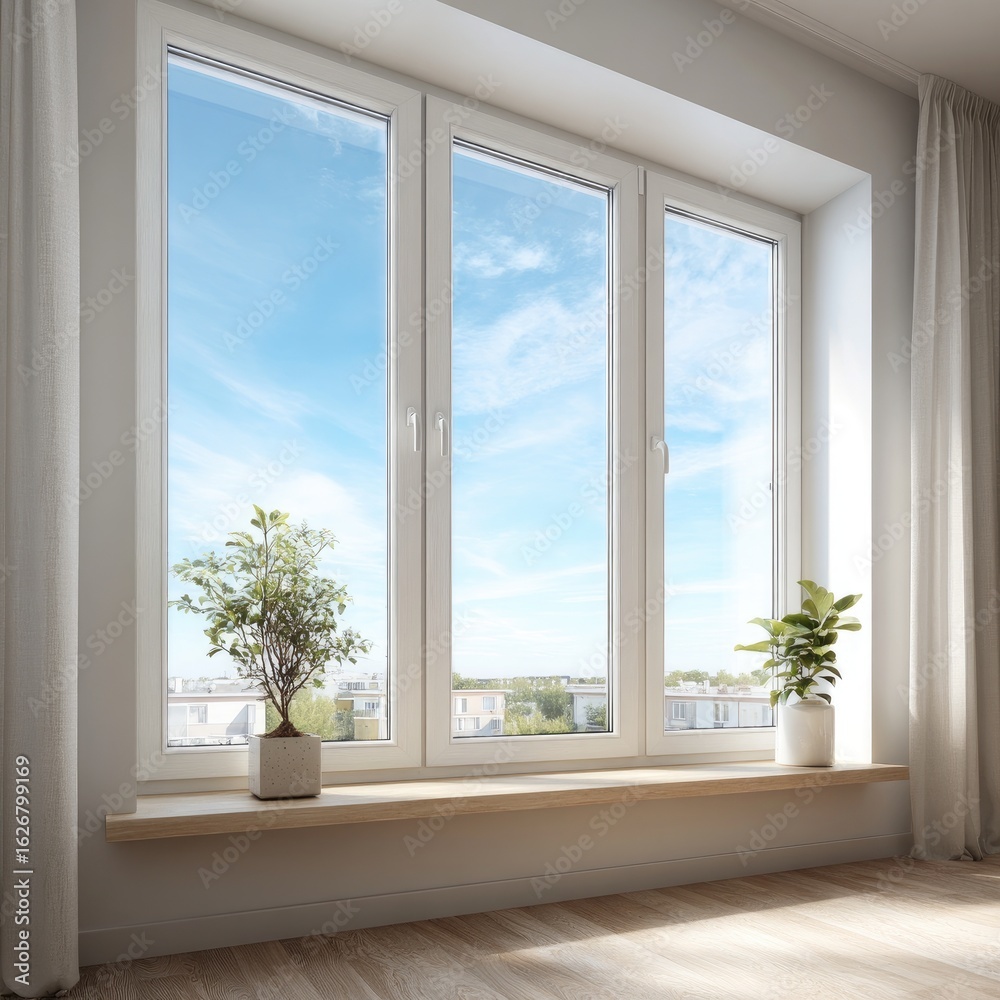 Fototapeta premium Bright window with plants and city view