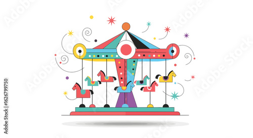Whimsical Carousel Ride, Colorful Horses, Amusement Park, Digital Illustration, Playful Environment, Side View, Joyful Experience