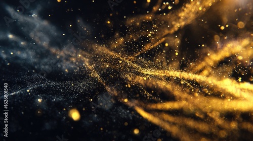 Abstract digital artwork; gold and silver particles, swirling patterns
