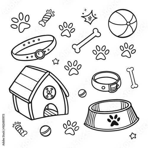 Playful Pup Essentials: A collection of delightful, hand-drawn pet care elements, including a doghouse, collar, bone, paw prints, and a playful ball, all ready to brighten your creative projects.