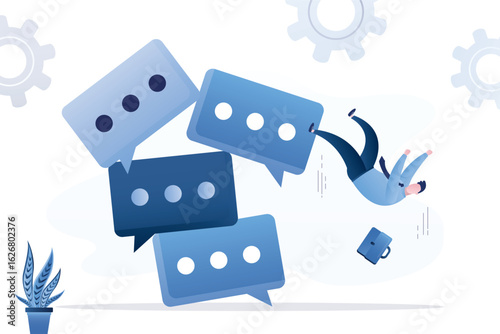 Failed negotiations. An unhappy employee or businessman falls from collapsing stack of speech bubbles. Business communication stress. Difficulty of negotiating