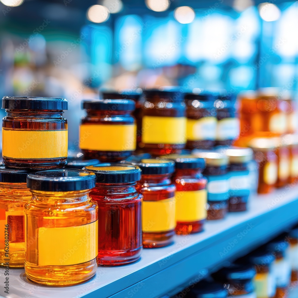 Rows of glass jars, filled with various preserves, arranged on shelves in a store. Blurred background Rows of glass jars, filled with various preserves, arranged on shelves in a store. Blurred background