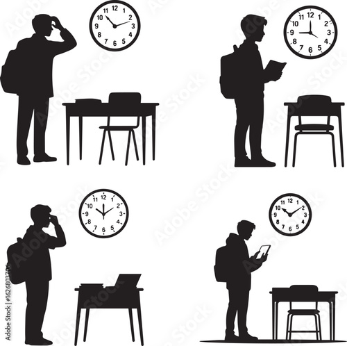 Student silhouette study schedule time management clock classroom learning education back to school test preparation