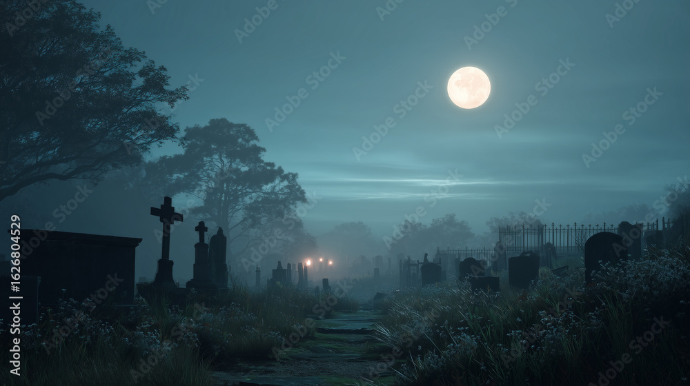 Fototapeta premium Foggy graveyard at night with moonlight
