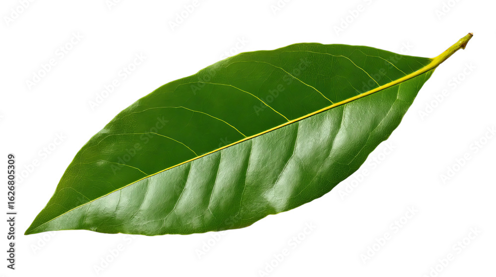 Obraz premium PNG of Vibrant green bay leaf showcasing its glossy texture and rich veins against a transparent background.