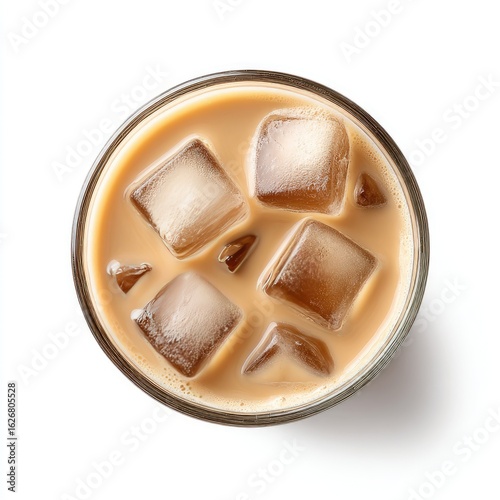 Overhead view of iced coffee in a clear glass