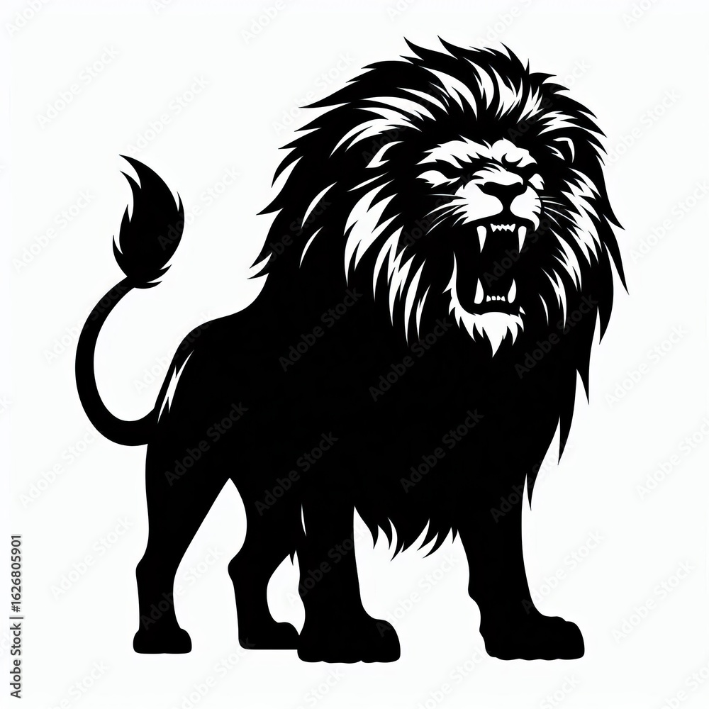 Fototapeta premium Fierce black silhouette of a roaring lion with a majestic mane