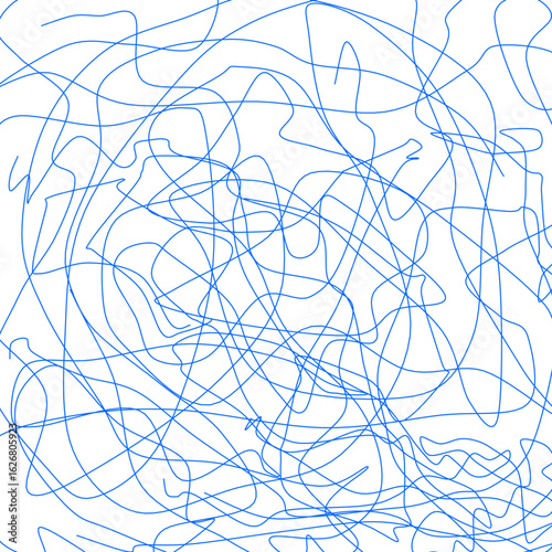 A chaotic and intricate network of blue lines creates an abstract, tangled pattern on a pristine white background, symbolizing complexity and disorder.
