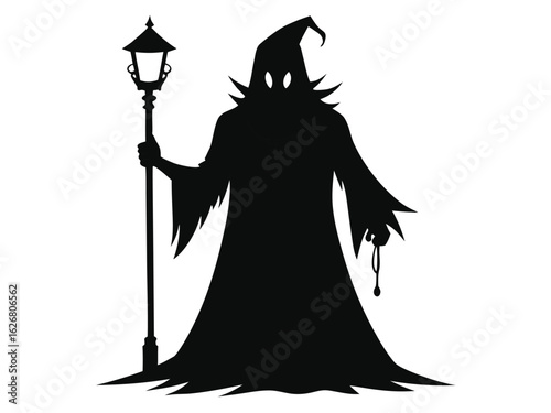 Grim Reaper Silhouette Holding Lantern and Staff, Perfect for Tattoos or Halloween Designs