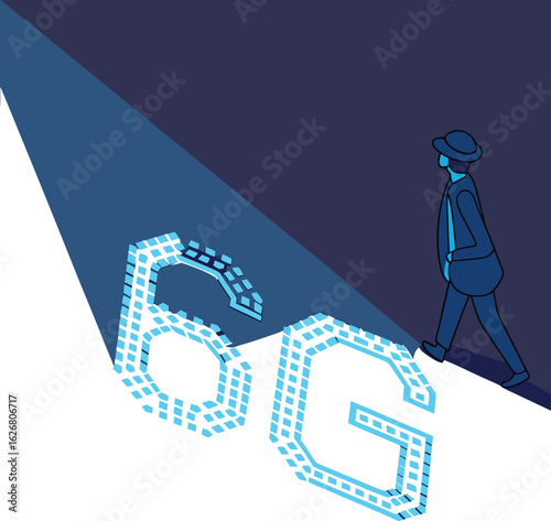 Vector art of the future of 6g technology with a man walking towards the light isolated on white background