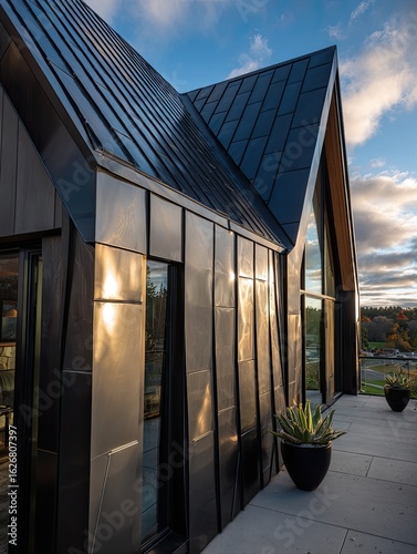Modern home exterior, angled metal roof and wall panels, sunlit