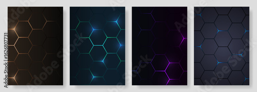 Hexagon technology dark honeycomb abstract background vector set.