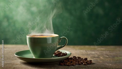 Fresh Hot Coffee in Green Cup with Roasted Beans on Wooden Table