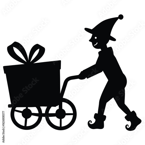 elf pushing a gift cart silhouette