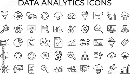 Flat Line Data Analytics Icons Set – Cloud, Dashboard, Charts, Graph, AI, Big Data, Strategy Symbols