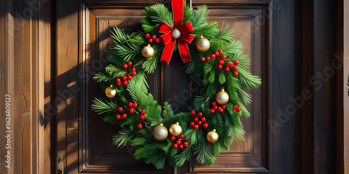  Festive Christmas Wreath with Red Berries, Gold Ornaments, and Red Bow on Wooden Door