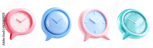 3D render Colorful clocks shaped like speech bubbles featuring simple clock faces, Perfect for time management themes isolated on transparency PNG background, communication visuals